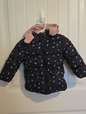 Pink Platinum Black Floral Puffer Jacket with Pink Collar